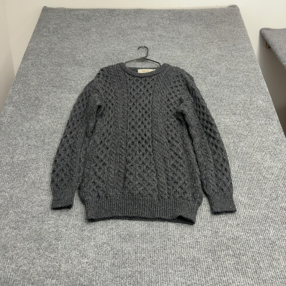 Aran Sweater Market Sweater Mens L Grey Wool Cable Knit Fisherman Crewneck